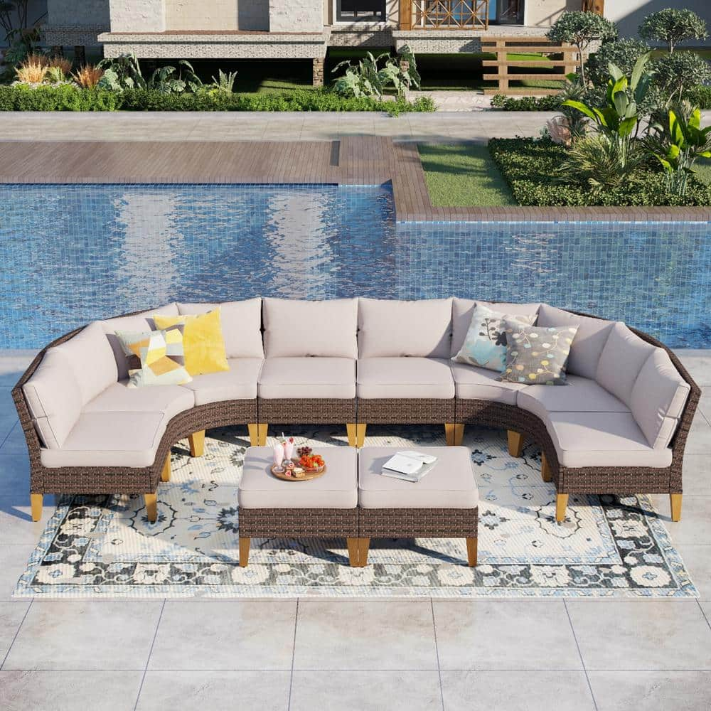 Brown Rattan Wicker 10 Seat 10-Piece Steel Patio Outdoor Sectional Set with Beige Cushions -  PHI VILLA, DS10BE102204052