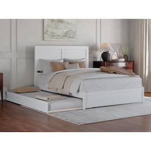 Clayton White Solid Wood Frame Queen Platform Bed with Panel Footboard and Twin XL Trundle