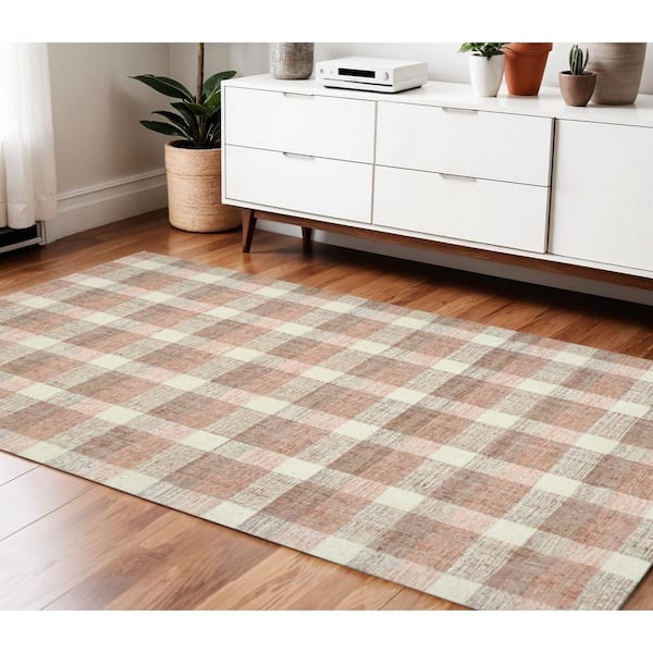 4 ft. x 6 ft. Pink and Multi-Colored Wool Plaid Hand Tufted Area Rug