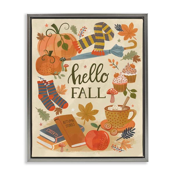Stupell Industries Hello Fall Cozy Autumn Items by Lisa Perry Whitebutton Gray Floater Frame Graphic Typography Art Print 21 in. x 17 in.