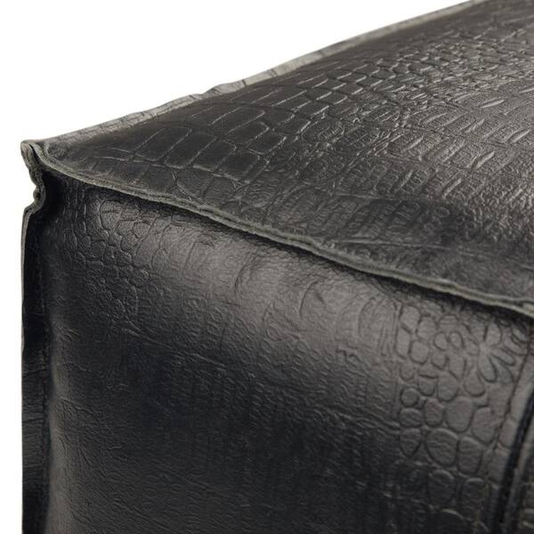 Simpli Home Bowen Boho Square Pouf in Black Genuine Leather
