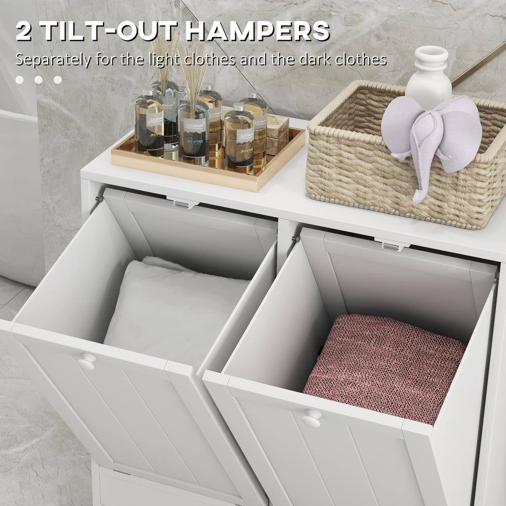 White Modern Tilt-Out Laundry Hamper Cabinet with 2 Compartments
