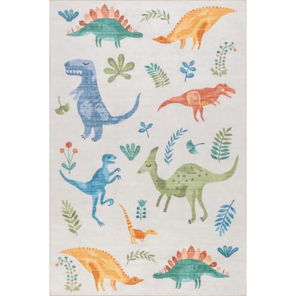 7 ft. x 9 ft. White Multicolor Kayleigh Kids Spill Proof Washable Dinosaur Indoor Area Rug