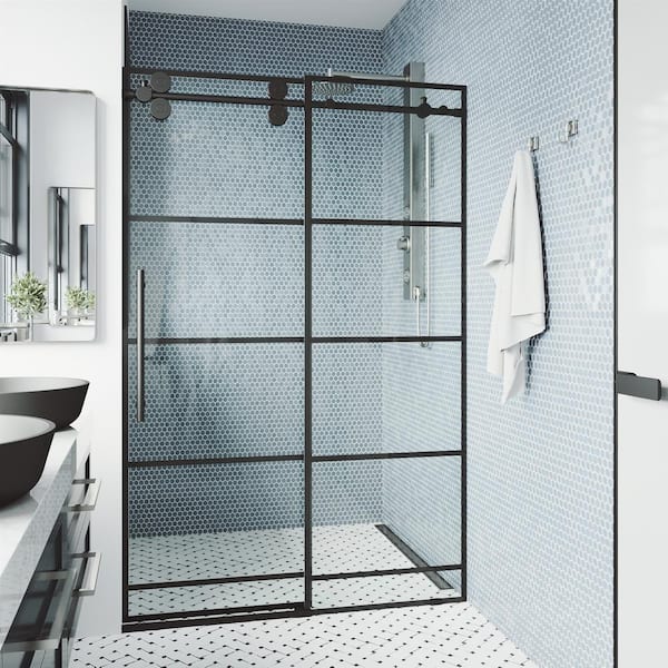 Vigo Elan 64 To 68 In. W X 74 In. H Sliding Frameless Shower Door In Matte Black With Clear Glass And Black Grid Design-Vg6041Mbscl6874 - The Home Depot