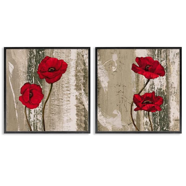 Stupell Industries Bright Red Blooms on Rustic by Brian Foster 2 Pieces Black Framed Nature Giclee Art Print 12 in. x 12 in.