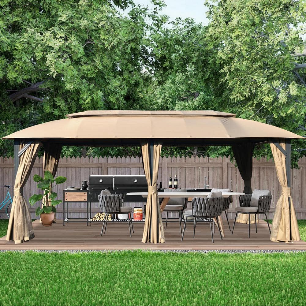 10x20ft Brown Steel Patio Gazebo with Mosquito Net and Curtains