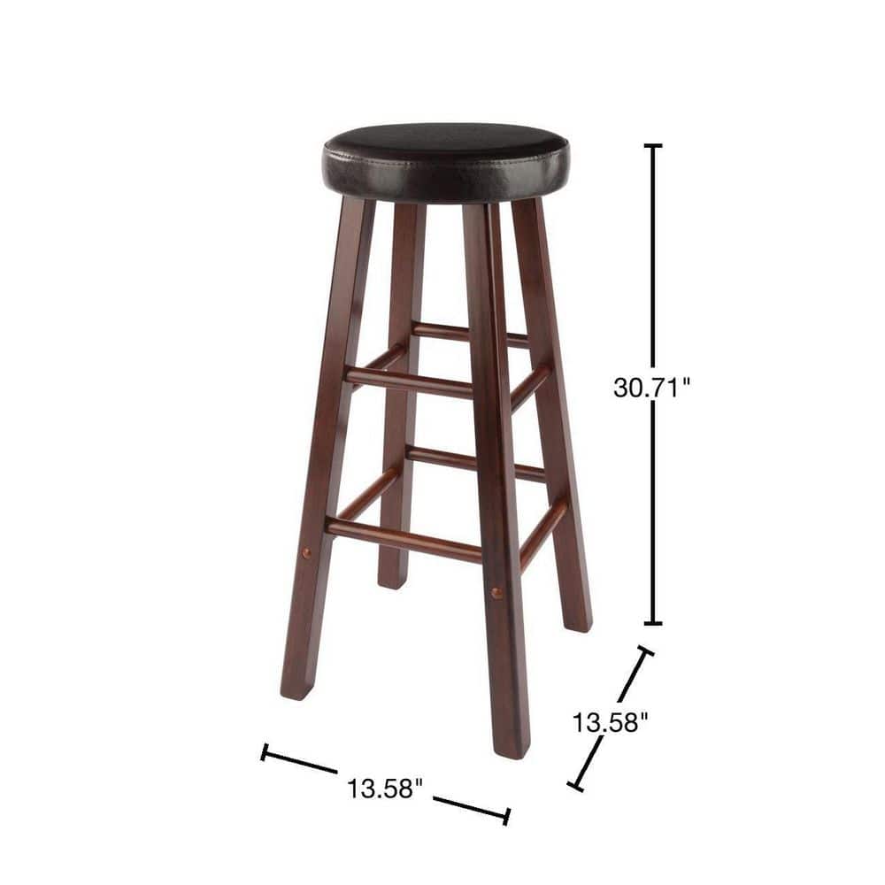 Transitional Walnut Brown Wood Bar Stool with Espresso Cushion, 30"