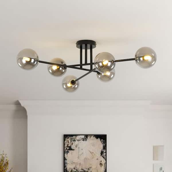 Ceder 6-Light 32.3 in.W Matte Black Semi Flush Mount Chandelier Modern Sputnik with Gray Glass for Kitchen/Hallway
