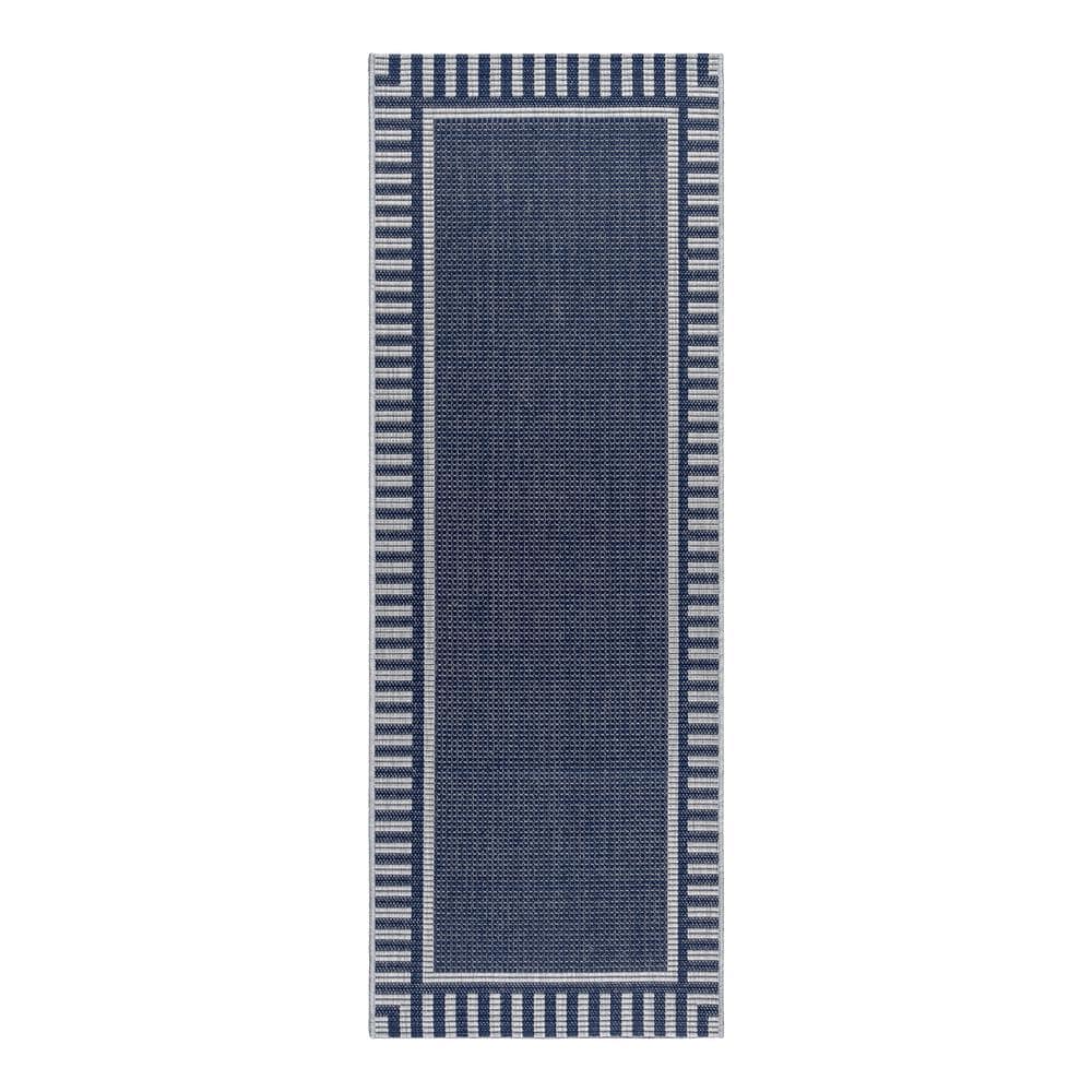 Navy Blue and Gray Synthetic Flatweave Indoor/Outdoor Runner Rug