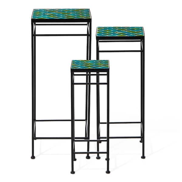 27.25 in. H Kits and Accessories Iron Sqaure Nesting Planter Stands with Green Pattern Ceramic Tiles Tabletop