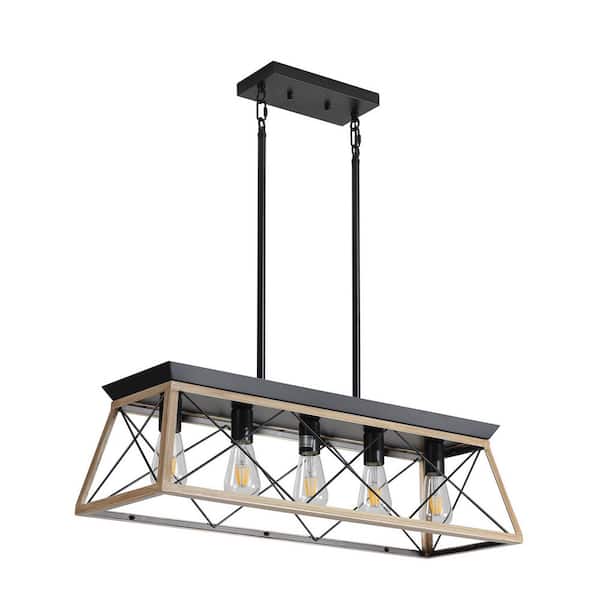 5-Light Oak and Black Farmhouse Linear Cage Adjustable Hanging Chandelier for Kitchen Island Living Room (No Bulbs)
