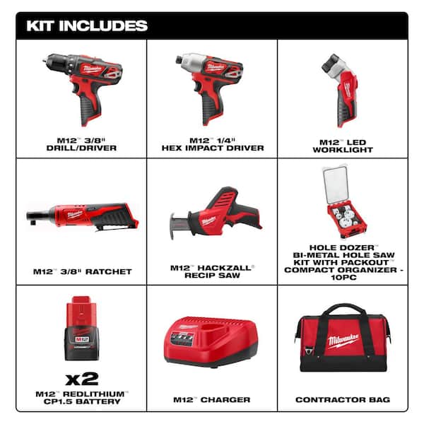 M12 12V Lithium-Ion Cordless Combo Kit (5-Tool) with Two 1.5Ah Batteries, Charger, Bag with PACKOUT Hole Saw Set (10-Pc)
