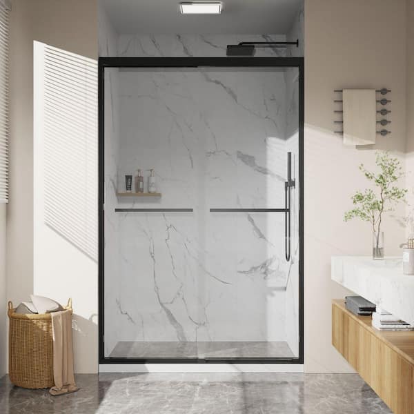 44 in. - 48 in. W x 72 in. H Double Sliding Aluminum Framed Shower Door with SGCC Clear Tempered Glass in Matte Black