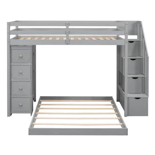 Gray Twin Over Full Bunk Bed with 3-layer Shelves, Drawers and Storage Stairs