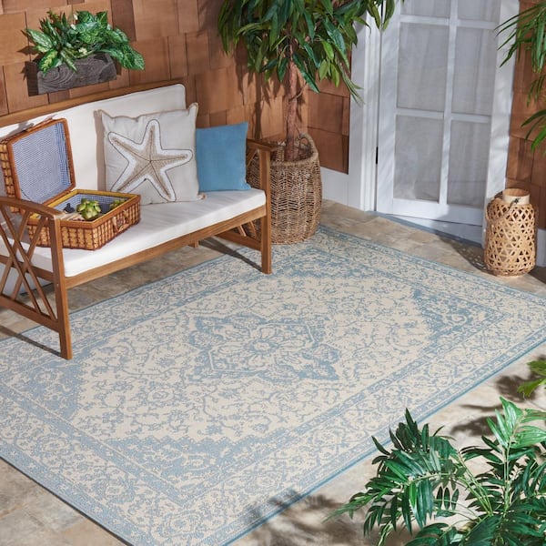 Beach House Cream/Aqua Doormat 2 ft. x 4 ft. Border Floral Indoor/Outdoor Area Rug