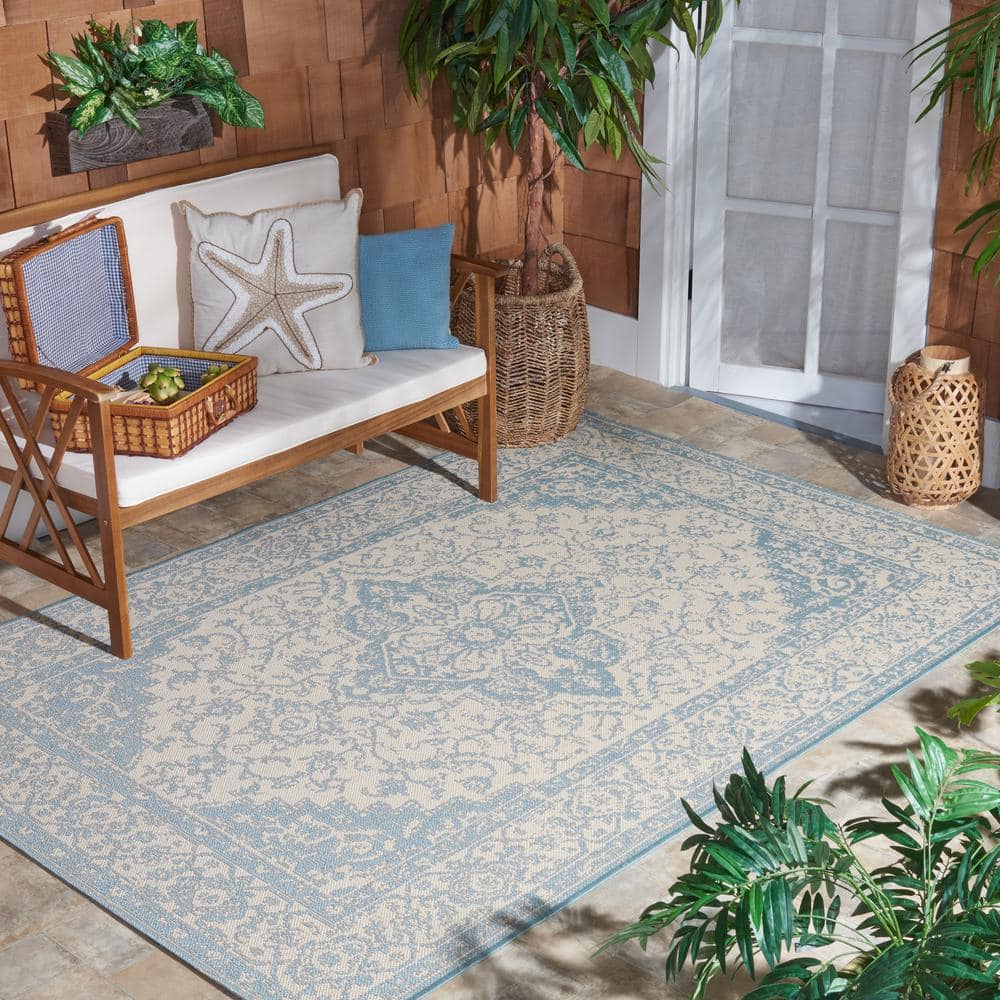 Cream and Aqua Medallion Synthetic Indoor/Outdoor Rug, 3' x 5'