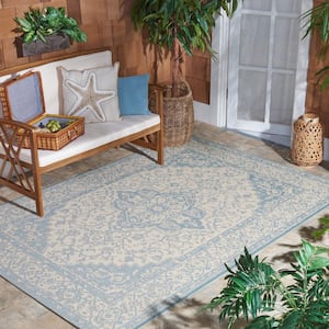 Beach House Cream/Aqua Doormat 3 ft. x 5 ft. Border Floral Indoor/Outdoor Area Rug