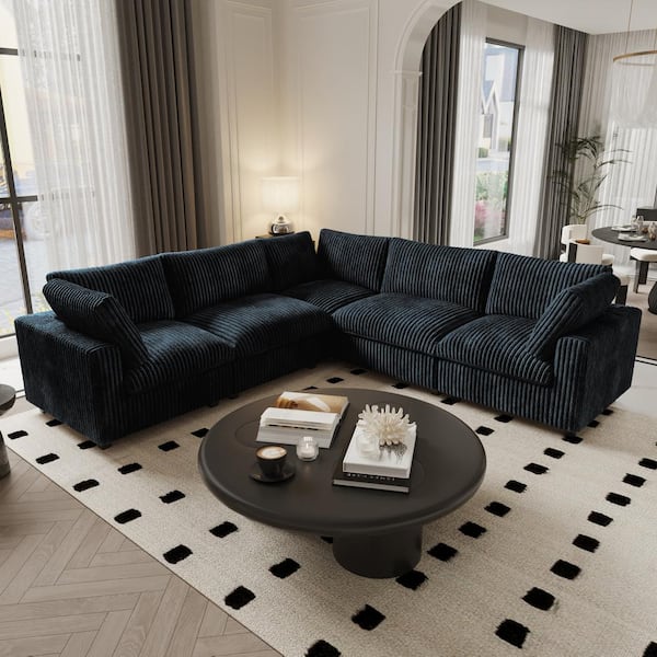 118 in. Square Arm Modern 5-Piece Free Combination Velvet Cloud Modular Sectional Sofa with Washable Covers in Black