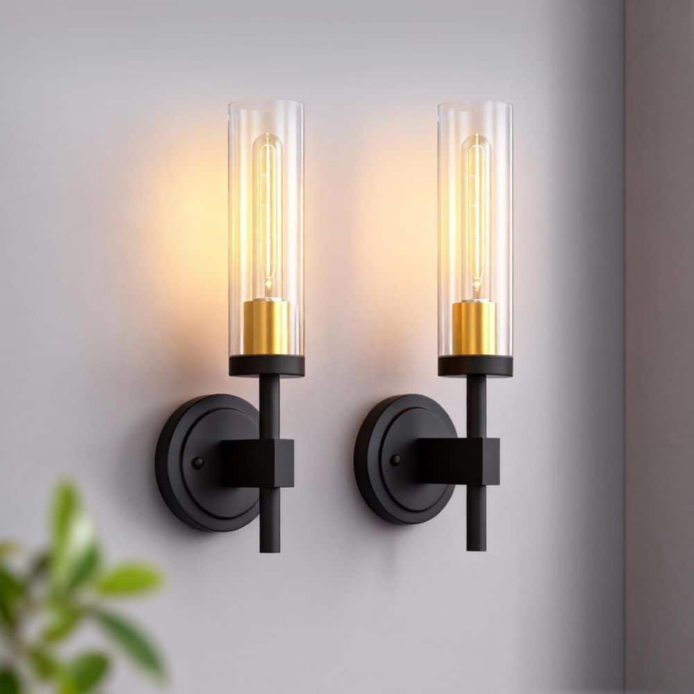 YANSUN 5 in. 1-Light Black Gold Bathroom Wall Sconces with Clear Glass ...