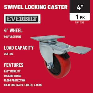 4 in. Red Polyurethane and Steel Swivel Plate Caster with Locking Brake and 250 lb. Load Rating