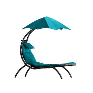 Dream Black Powders Coated Steel Stationary Sling Outdoor Lounge Chair with Turquoise Removable Cushion and Umbrella