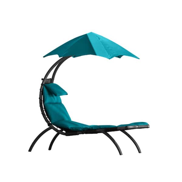 Vivere Dream Black Powders Coated Steel Stationary Sling Outdoor Lounge Chair with Turquoise Removable Cushion and Umbrella