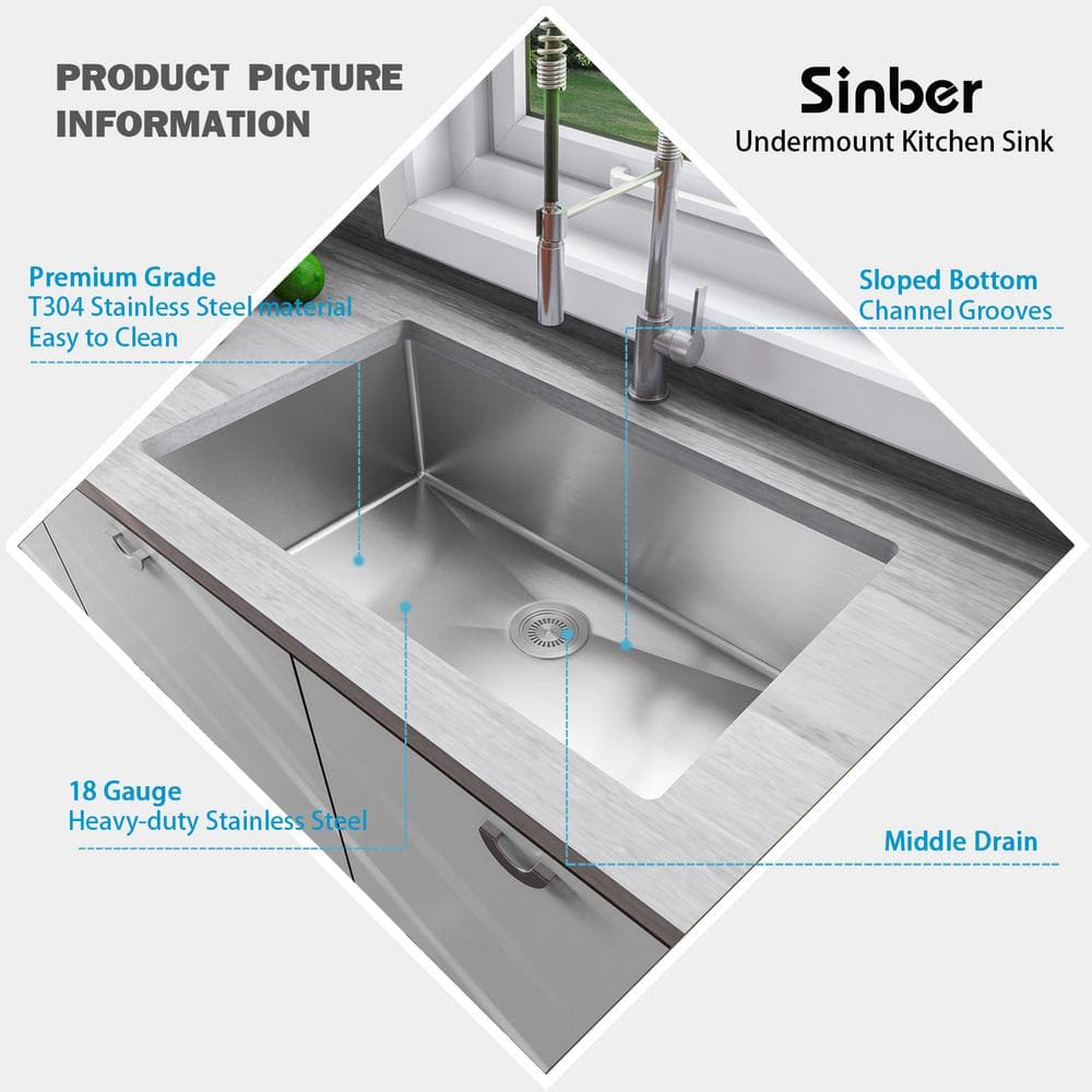 Sinber 32" Stainless Steel Single Bowl Undermount Kitchen Sink