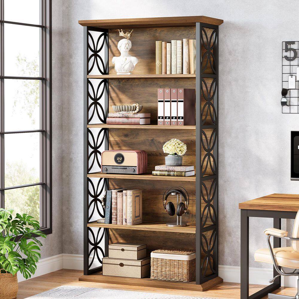 70.87 in. Tall Brown & Black Wood 5-Shelf Standard Bookcase, Freestanding Open Storage Shelves with Metal Frame