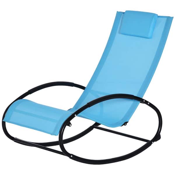 FORCLOVER Black Metal Outdoor Rocking Chair with Removeable Pillow(Blue Fabric)