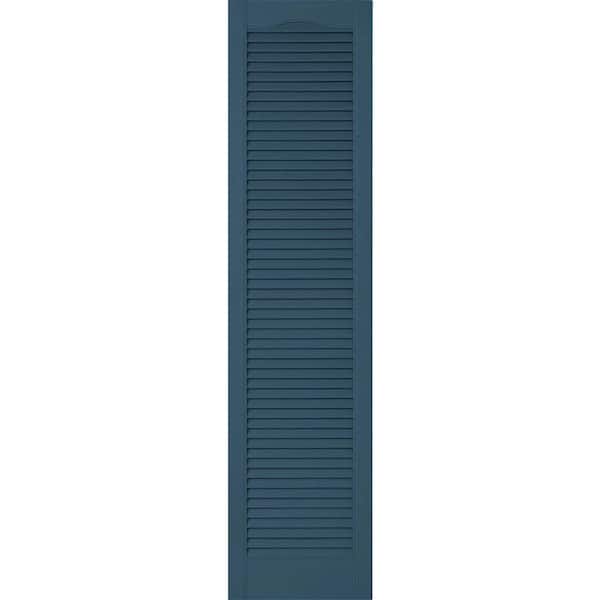 Ekena Millwork 14-1/2 in. x 67 in. Lifetime Vinyl Custom Cathedral Top All Open Louvered Shutters Pair Classic Blue