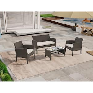 4-Piece PE Wicker Patio Conversation Set with Loveseat, Chairs and Table Outdoor Sectional Sofa Chat Set, Beige Cushion