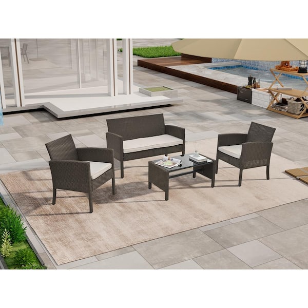 URTR 4-Piece PE Wicker Patio Conversation Set with Loveseat, Chairs and Table Outdoor Sectional Sofa Chat Set, Beige Cushion