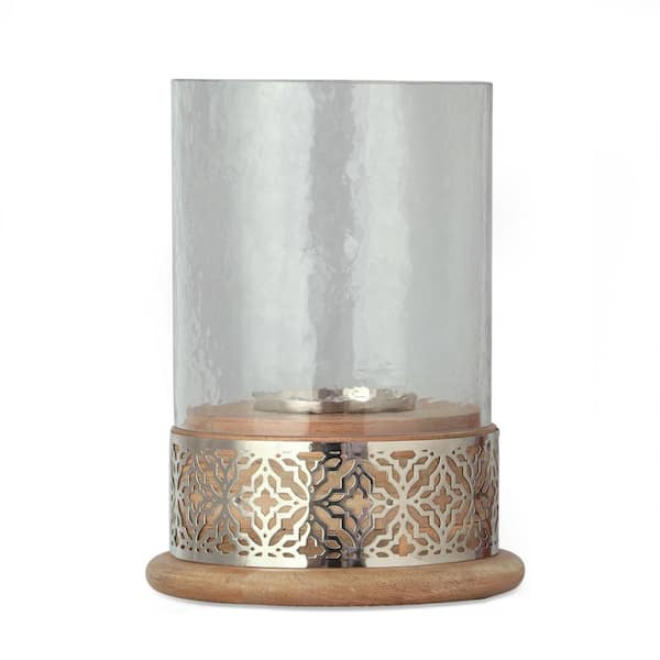 Decorative Nickel Hurricane Glass Feature Candle Holder 10" 