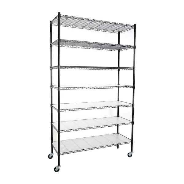 GQB 2450 lbs. 48 in. x 18 in. x 79 in. Black 7-Tier Garage Storage Racks with Wheels, Metal Shelving, Height Adjustable