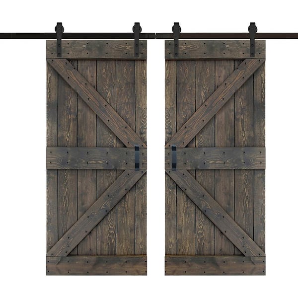 ISLIFE K Series 72 in. x 84 in. Smoky Gray Finished DIY Solid Wood Double Sliding Barn Door with Hardware Kit