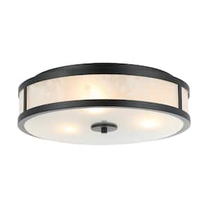 15.7 in. 3-Light Black Drum Flush Mount with Glass Shade