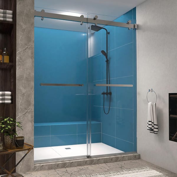 MEDUNJESS 59 in. W x 76 in. H Dual-Sliding Frameless Shower Door in Brushed Nickel with Clear Glass