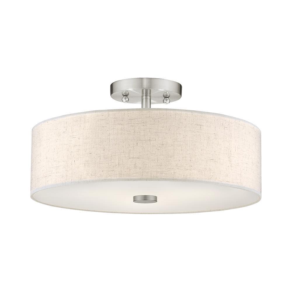 Meridian Brushed Nickel 3-Light Drum Ceiling Fixture with Oatmeal Shade