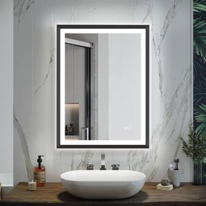 28 in. W x 36 in. H Rectangular Aluminum Framed Wall Mount Bathroom Vanity Mirror in Black with LED Light Anti-Fog