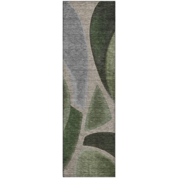 Mayfield Premium Machine Washable Abstract AMF2537 Olive 2 ft. x 7 ft. Runner Rug