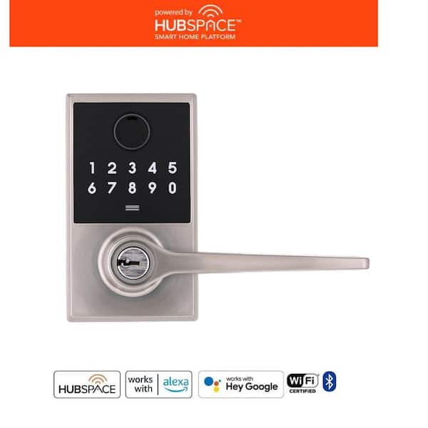 Square Compact Satin Nickel Freedom Fingerprint Electronic Keypad Door Lever Wi-Fi Enabled Powered by Hubspace