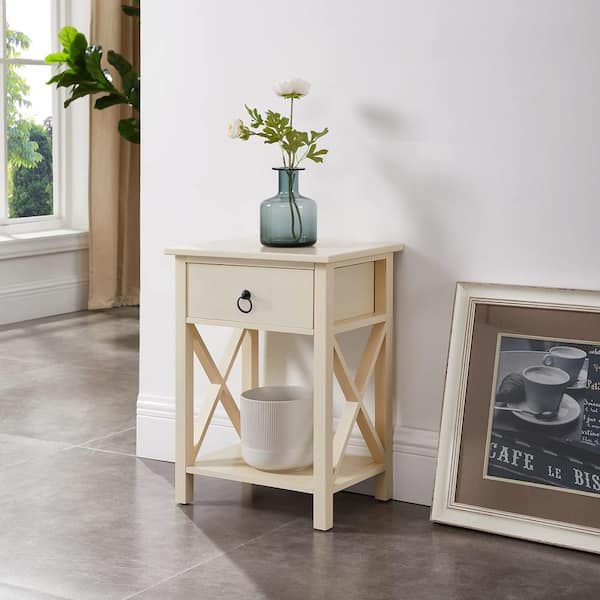 HOMESTOCK 12 in. Cream Rectangle Wood End Table with Drawer and Shelf Solid Narrow Side Table For Bedrooms Ideal For Small Spaces