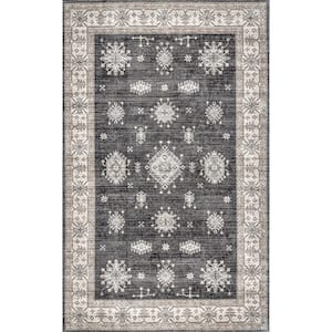 Mollie Machine Washable Traditional Border Charcoal 5 ft. x 8 ft. Indoor Area Rug