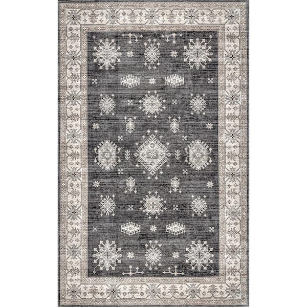 nuLOOM Mollie Machine Washable Traditional Border Charcoal 5 ft. x 8 ft. Indoor Area Rug