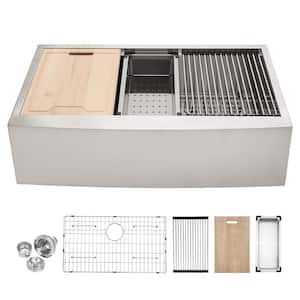 Kitchen Sink Brushed Nickel 18- Gauge stainless steel 36 in Single Bowl Farmhouse Apron Kitchen Sink With Accessory