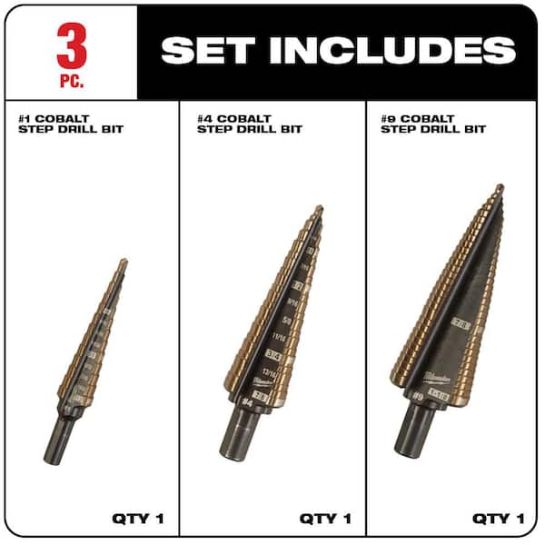 Milwaukee Tool 3-Pc Cobalt Step Drill Bit Set No 1, No 4, & No 9 ML48-89-9291