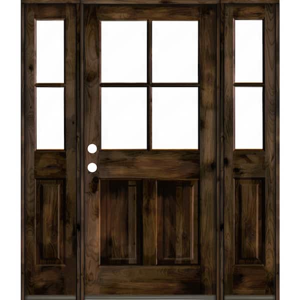 Krosswood Doors 64 in. x 80 in. Knotty Alder Right-Hand/Inswing 4-Lite Clear Glass Black Stain Wood Prehung Front Door/Double Sidelite