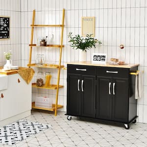 4-Door Black Rolling Kitchen Island Cart Buffet Cabinet with Towel Racks Drawers