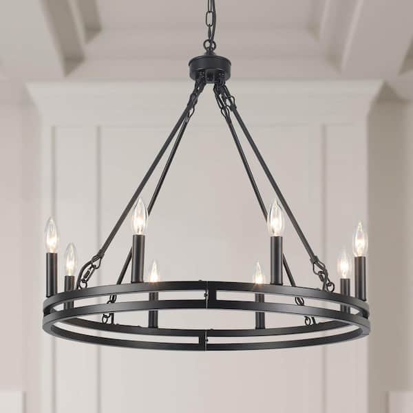 8-Light Black Candlestick Circle Wagon Wheel Chandelier Linear Island Chandelier Lighting for Kitchen Island