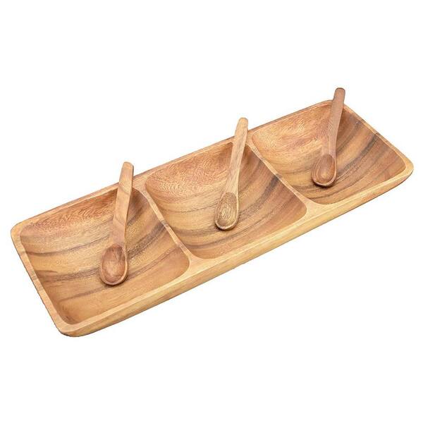 Acaciaware 4-Piece Wood Appetizer and Dip Serving Tray Set with Spoons